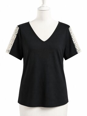 Black V-Neck Short Sleeve Top with White Lace Shoulder Panels - Medium